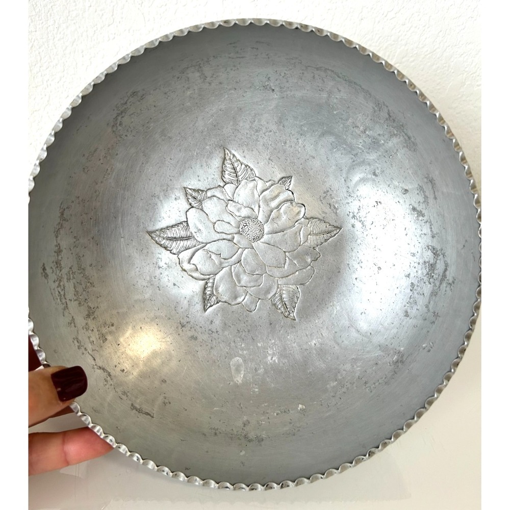 MCM Wrought Farberware Hammered Aluminum Bowl Etched Floral Scallop Edge